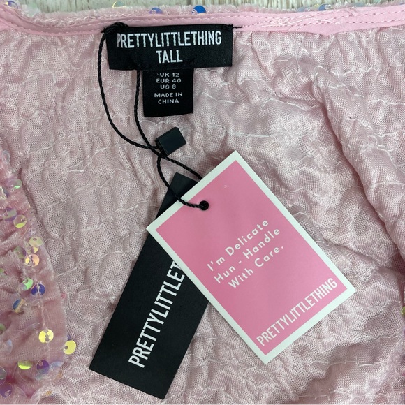 PRETTYLITTLETHING 8 40 pink sequin dress with gloves cowl neck - Picture 5 of 7